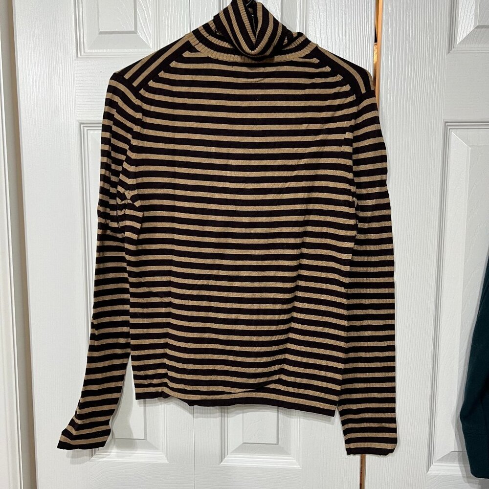 Erik Stewart Wm L Turtle Neck Sweater Silk Blend Camel Brown Stripe Cozy Casual